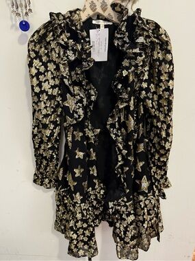 For Love & Lemons Gilded Star Mini Dress Black Gold Metallic $595 S